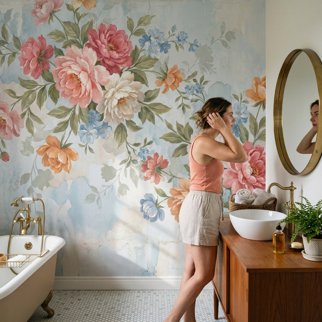 Watercolor Floral Wallpaper Peony Bouquet Pastel Blue Background Wall Mural