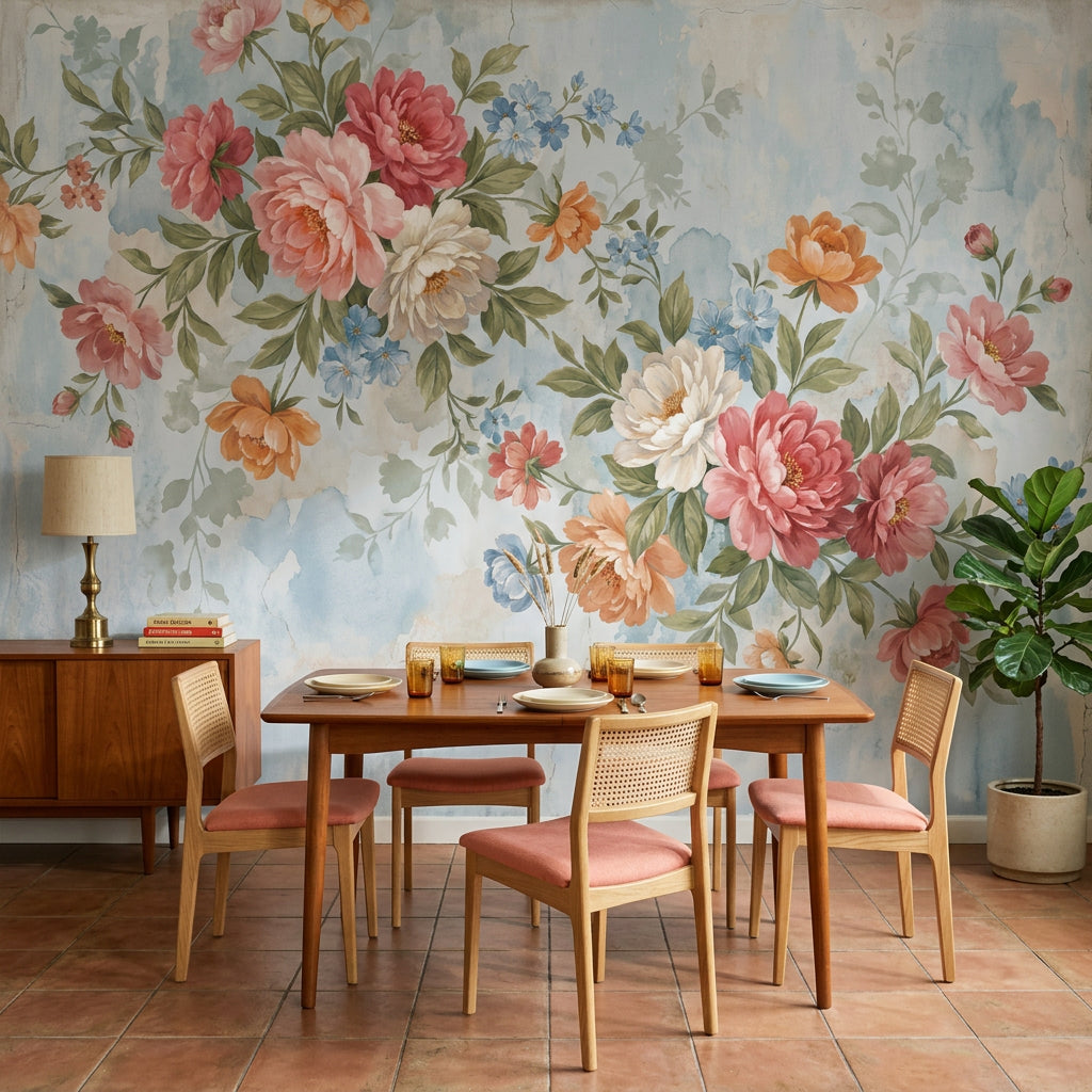 Watercolor Floral Wallpaper Peony Bouquet Pastel Blue Background Wall Mural