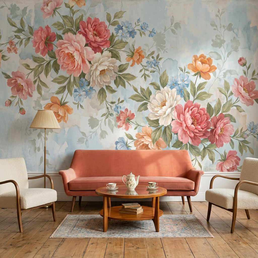 Watercolor Floral Wallpaper Peony Bouquet Pastel Blue Background Wall Mural