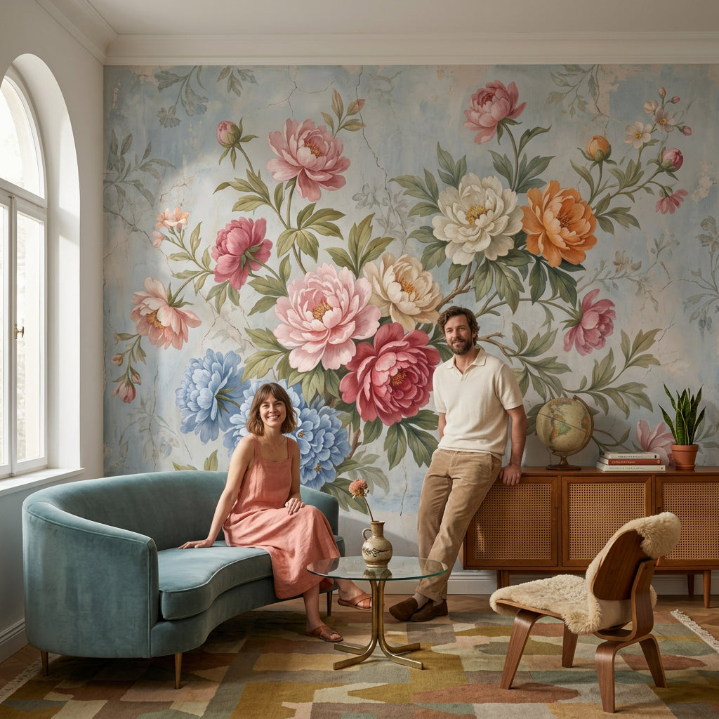 Vintage Floral Wallpaper Peonies Pastel Blue Background Wall Mural