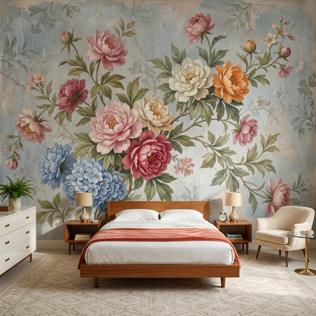 Vintage Floral Wallpaper Peonies Pastel Blue Background Wall Mural