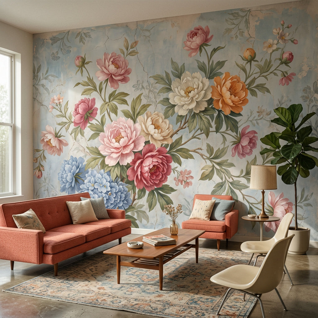 Vintage Floral Wallpaper Peonies Pastel Blue Background Wall Mural