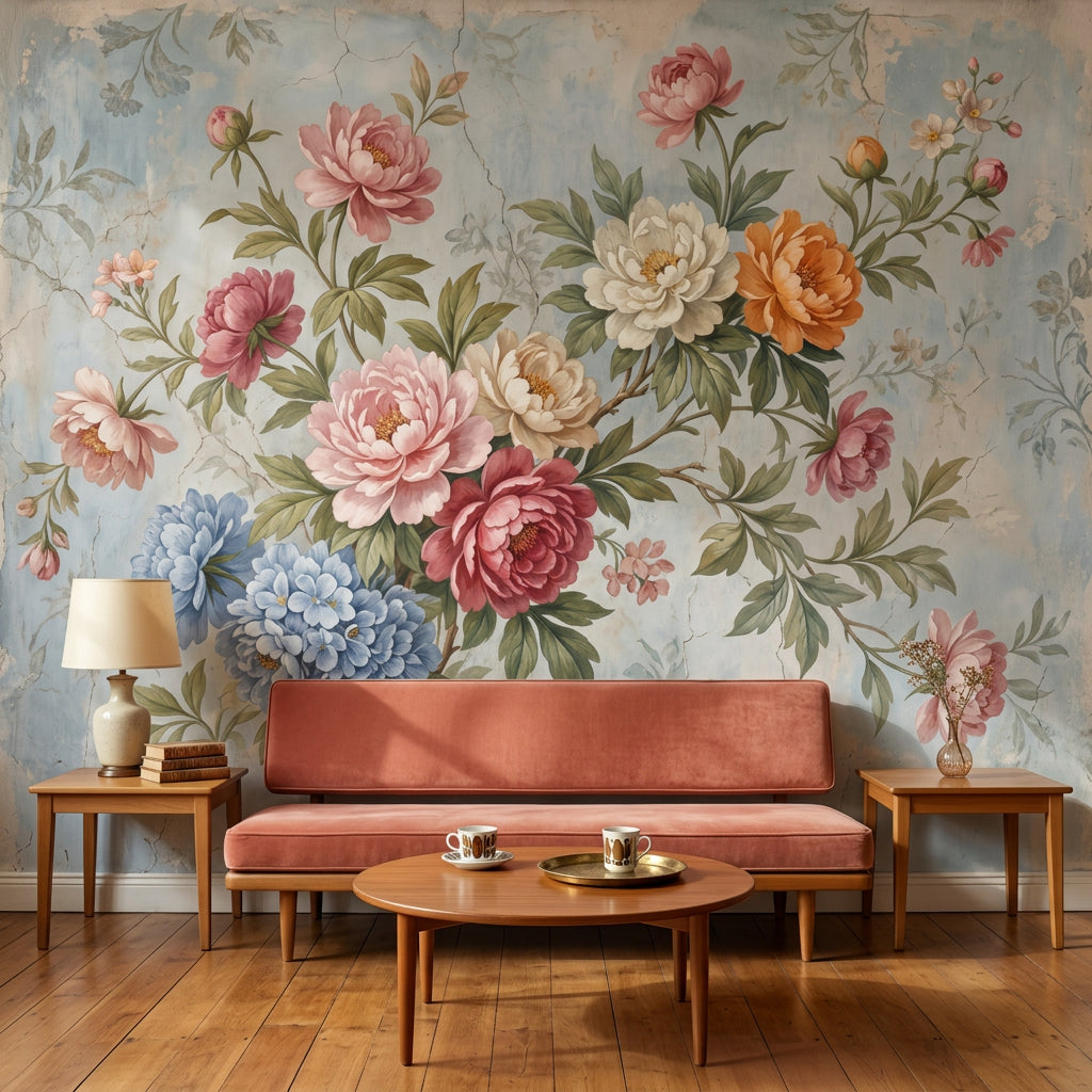 Vintage Floral Wallpaper Peonies Pastel Blue Background Wall Mural