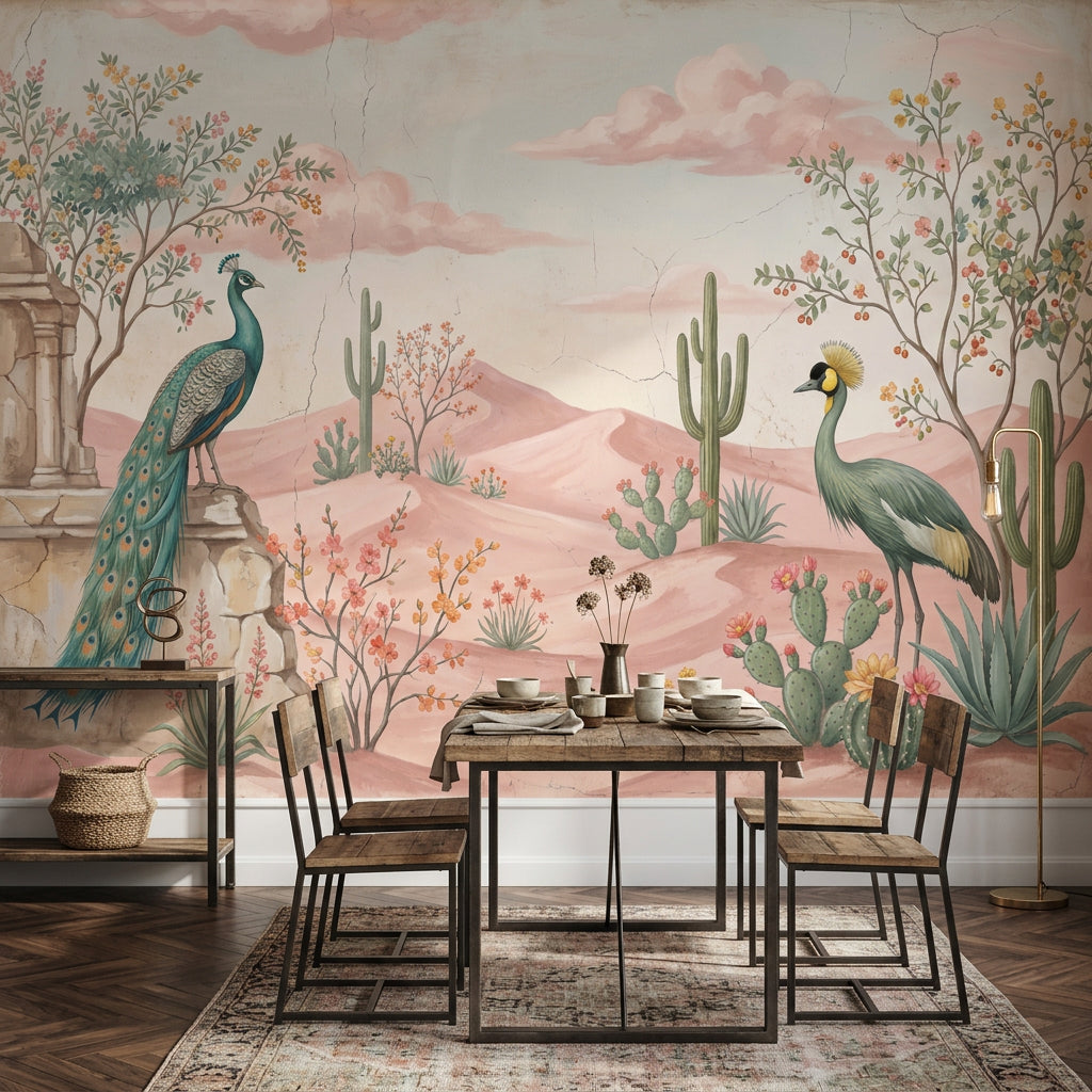 Pastel Desert Landscape Wallpaper Pink Dunes Removable Peacock Wall Decor