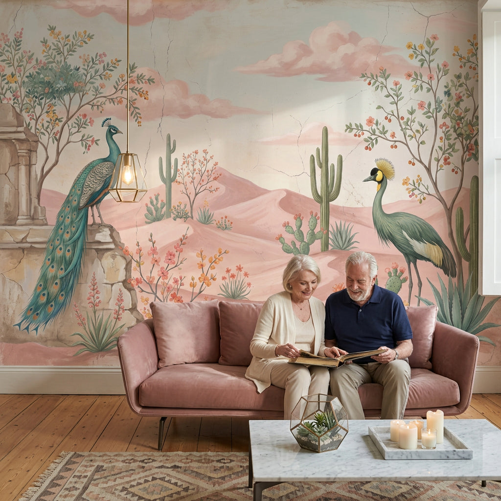 Pastel Desert Landscape Wallpaper Pink Dunes Removable Peacock Wall Decor