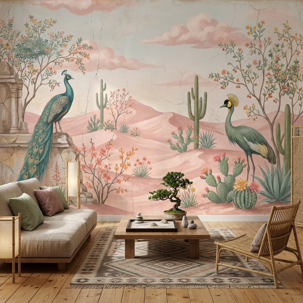 Pastel Desert Landscape Wallpaper Pink Dunes Removable Peacock Wall Decor