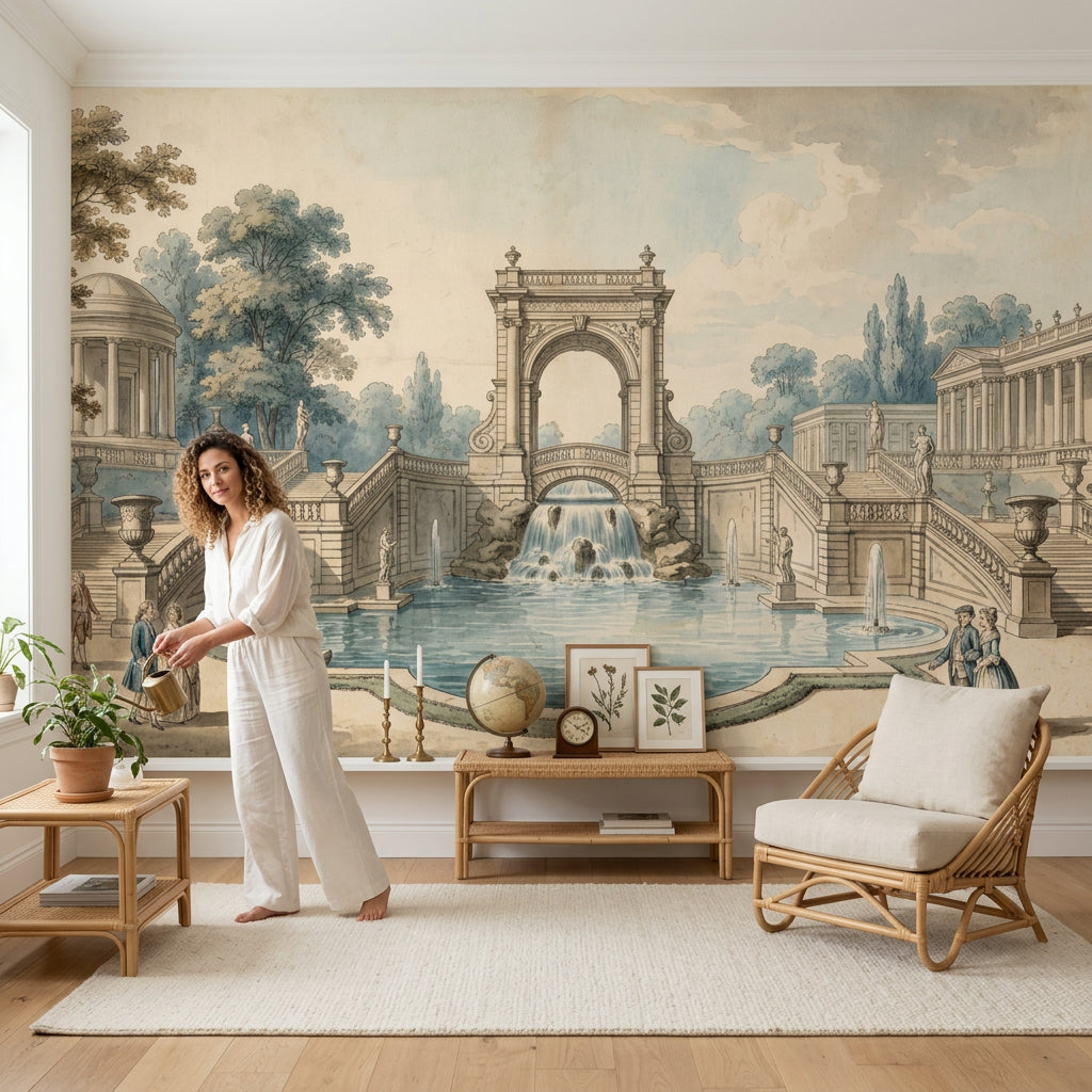 Classical Garden Wallpaper Neoclassical Architecture Fountain Pool Removable Wall Decor