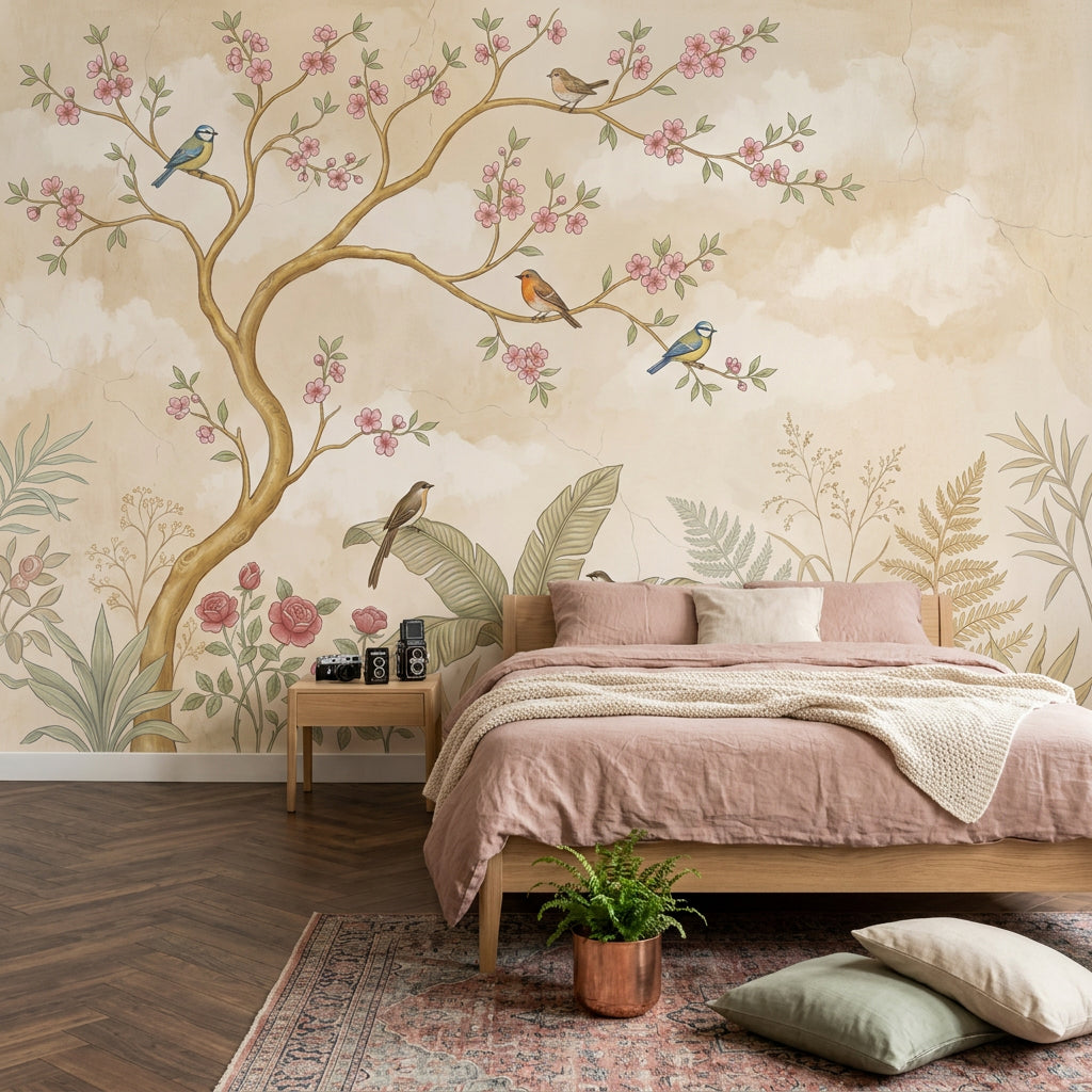 Botanical Mural Wallpaper Blossoming Branch Soft Pastel Removable Wall Decor