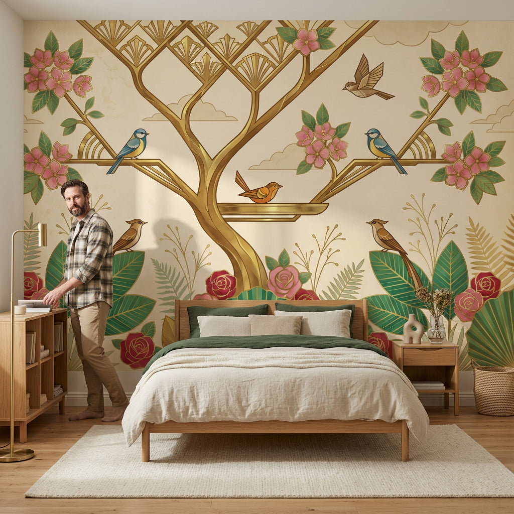 Art Deco Wallpaper Floral Removable Birds Wall Decor