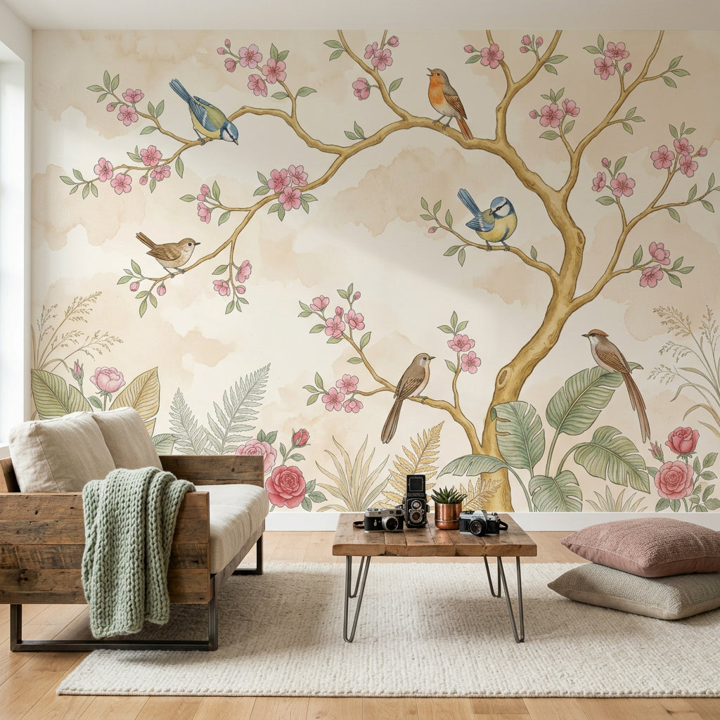Cherry Blossoms Wallpaper Floral Branches Songbirds Wall Mural