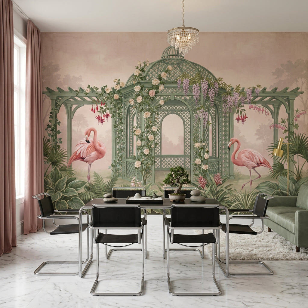 Garden Gazebo Wallpaper Flamingos Sage Green Lattice Removable Wall Decor