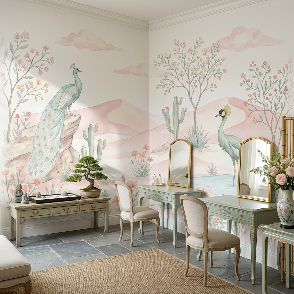Pastel Desert Landscape Wallpaper Watercolor Pink Dunes Removable Wall Decor