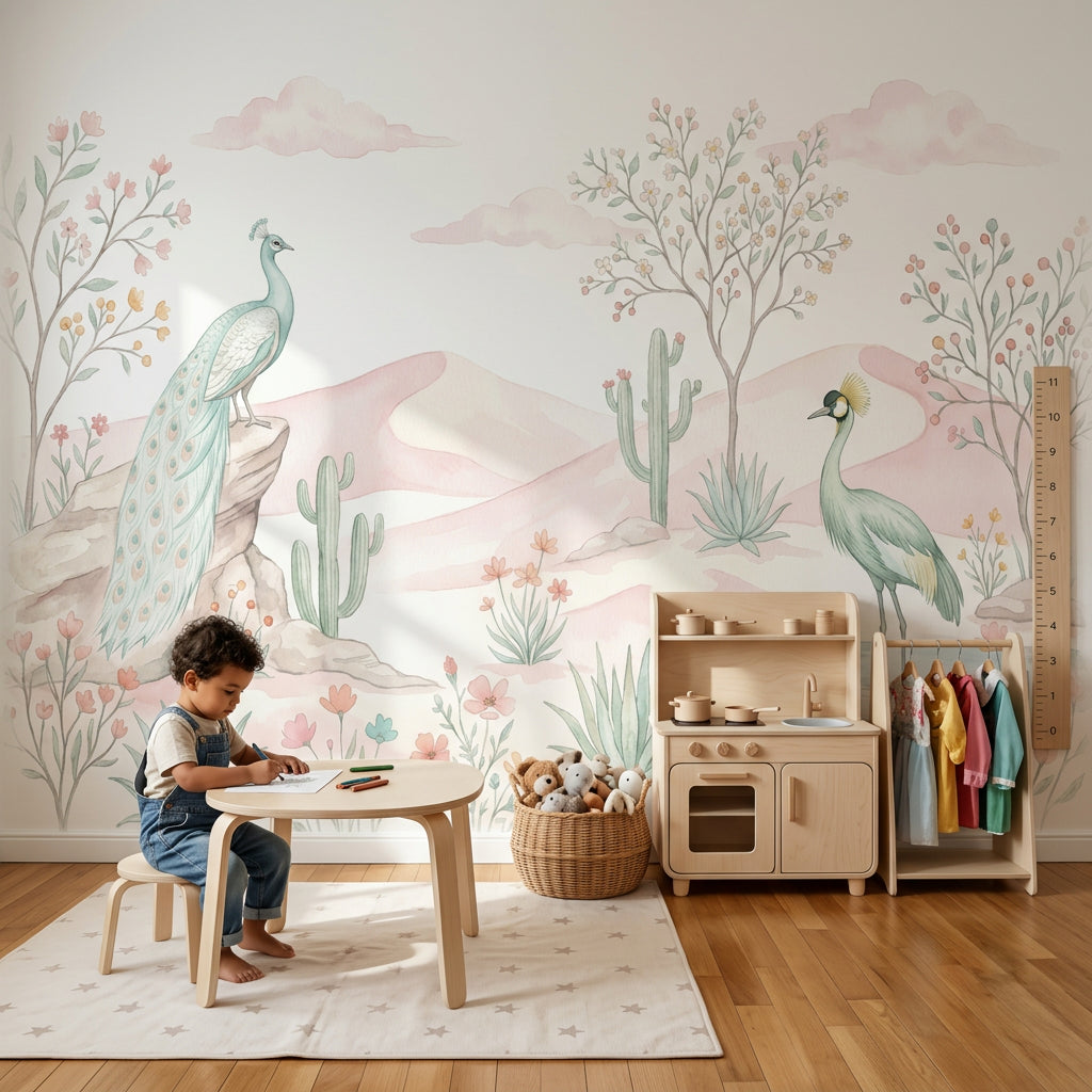 Pastel Desert Landscape Wallpaper Watercolor Pink Dunes Removable Wall Decor