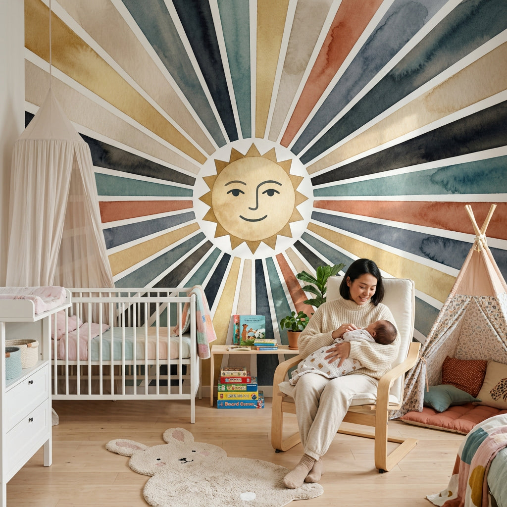 Sun Face Wallpaper Starburst Rays Watercolor Wash Wall Mural