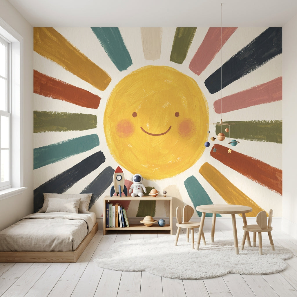 Smiling Sun Wallpaper Starburst Rays Hand Painted Wall Mural