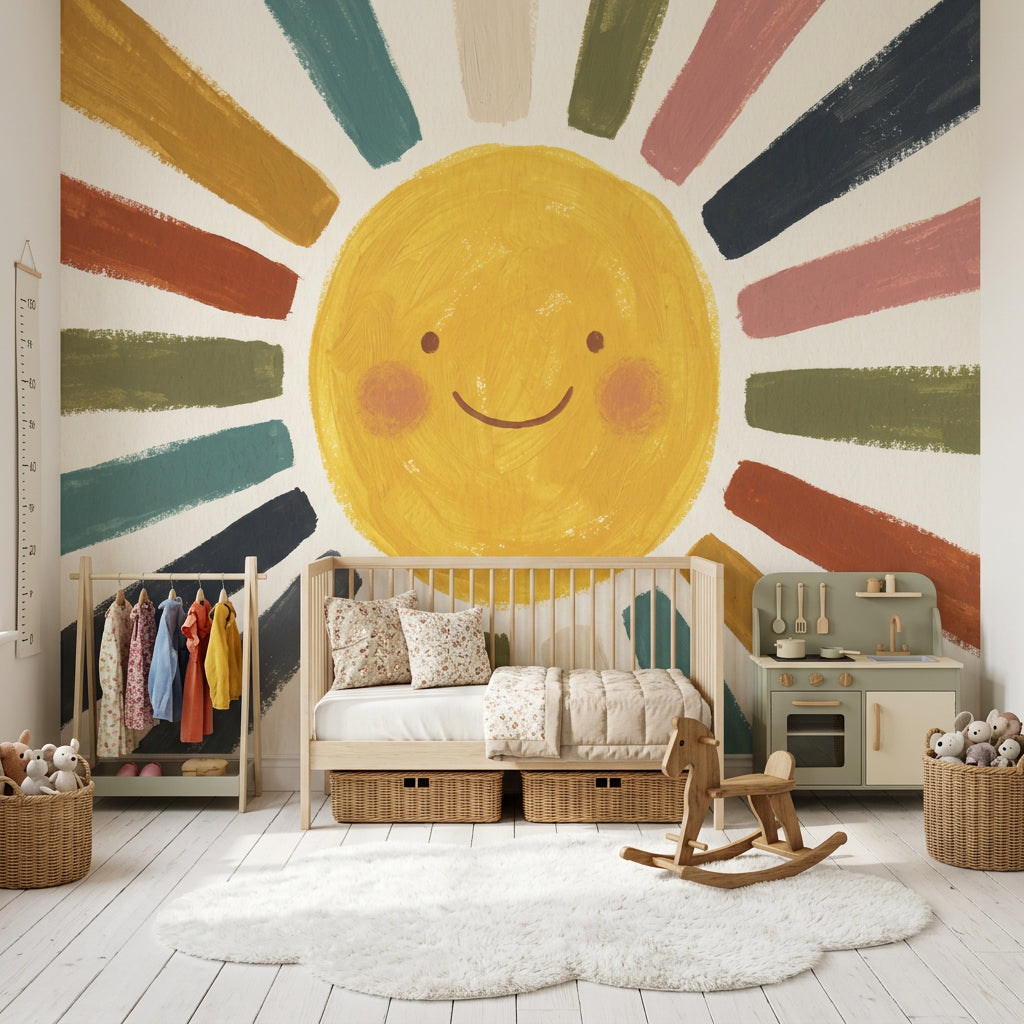 Smiling Sun Wallpaper Starburst Rays Hand Painted Wall Mural