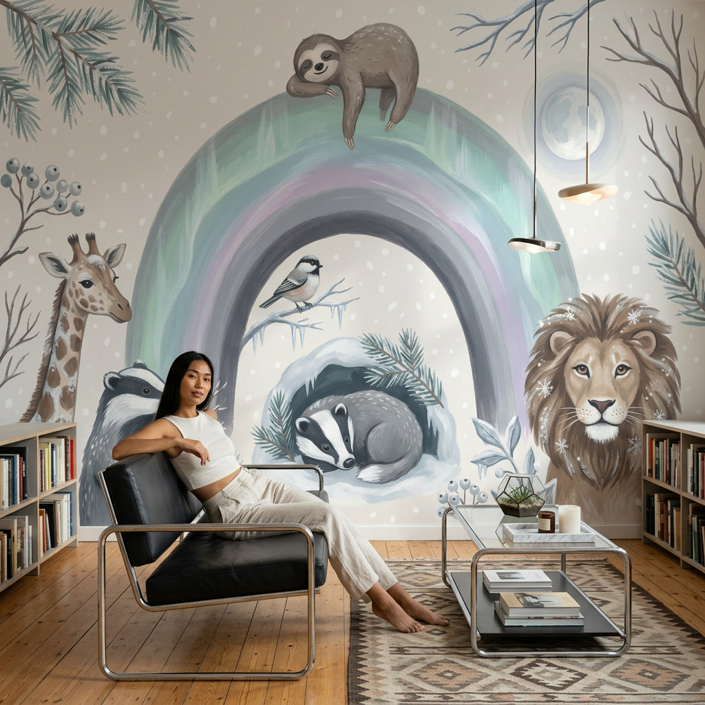 Pastel Rainbow Wallpaper Winter Removable Woodland Animals Wall Decor