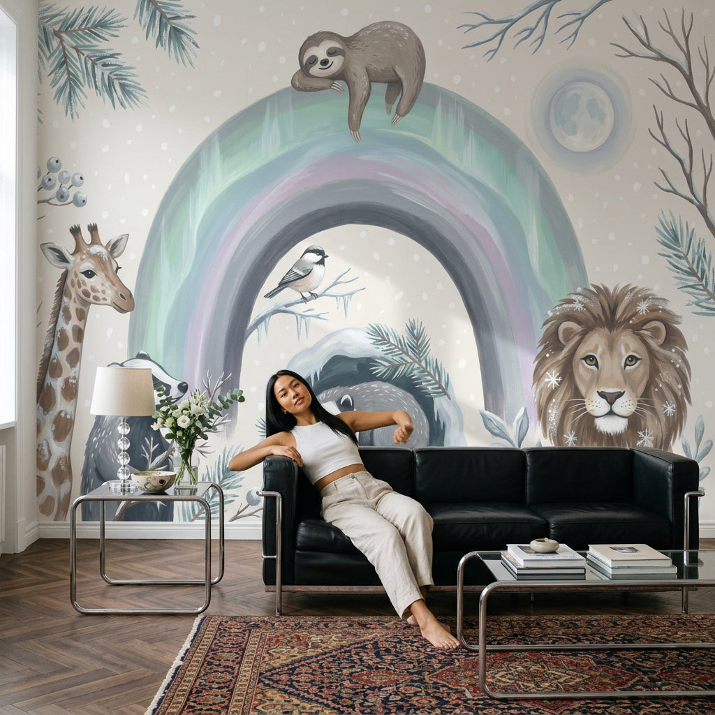 Pastel Rainbow Wallpaper Winter Removable Woodland Animals Wall Decor