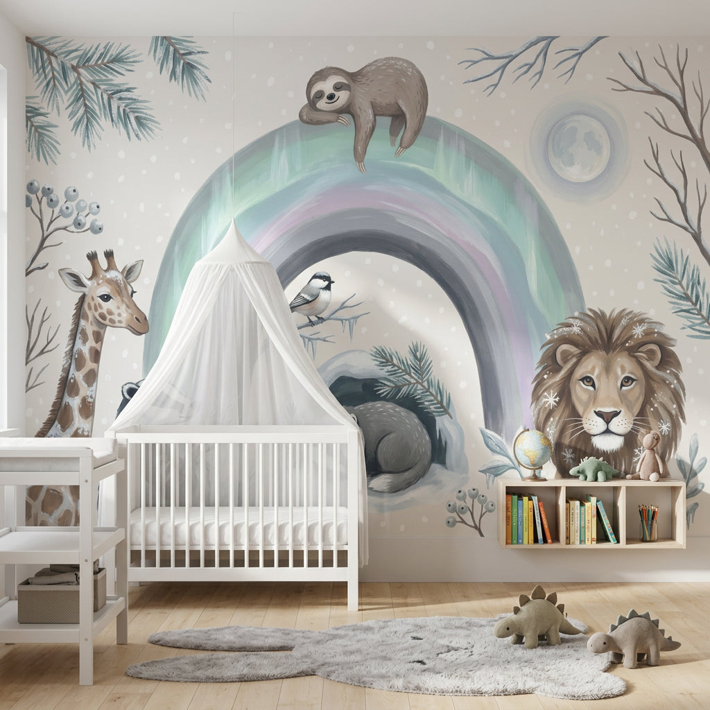 Pastel Rainbow Wallpaper Winter Removable Woodland Animals Wall Decor