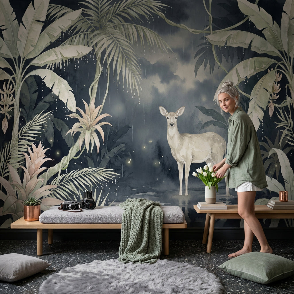 Tropical Jungle Wallpaper Watercolor Deer Fawn Removable Wall Decor