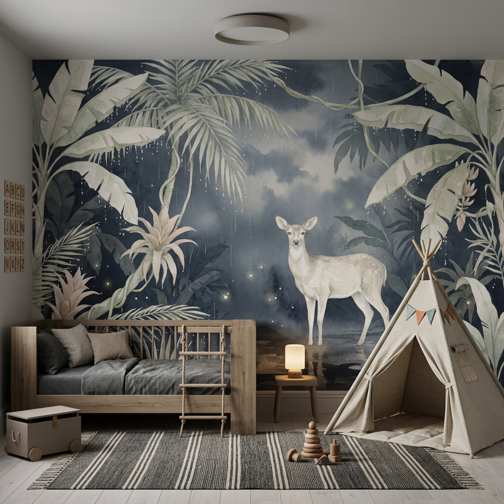 Tropical Jungle Wallpaper Watercolor Deer Fawn Removable Wall Decor