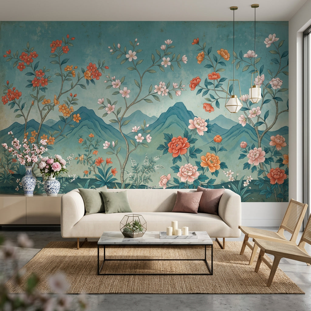 Floral Landscape Mural Wallpaper Teal Blue Background Removable Layered Mountains Wall Decor