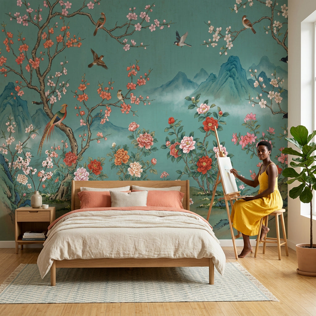 Teal Background Wallpaper Cherry Blossom Branches Vintage Mural Wall Mural