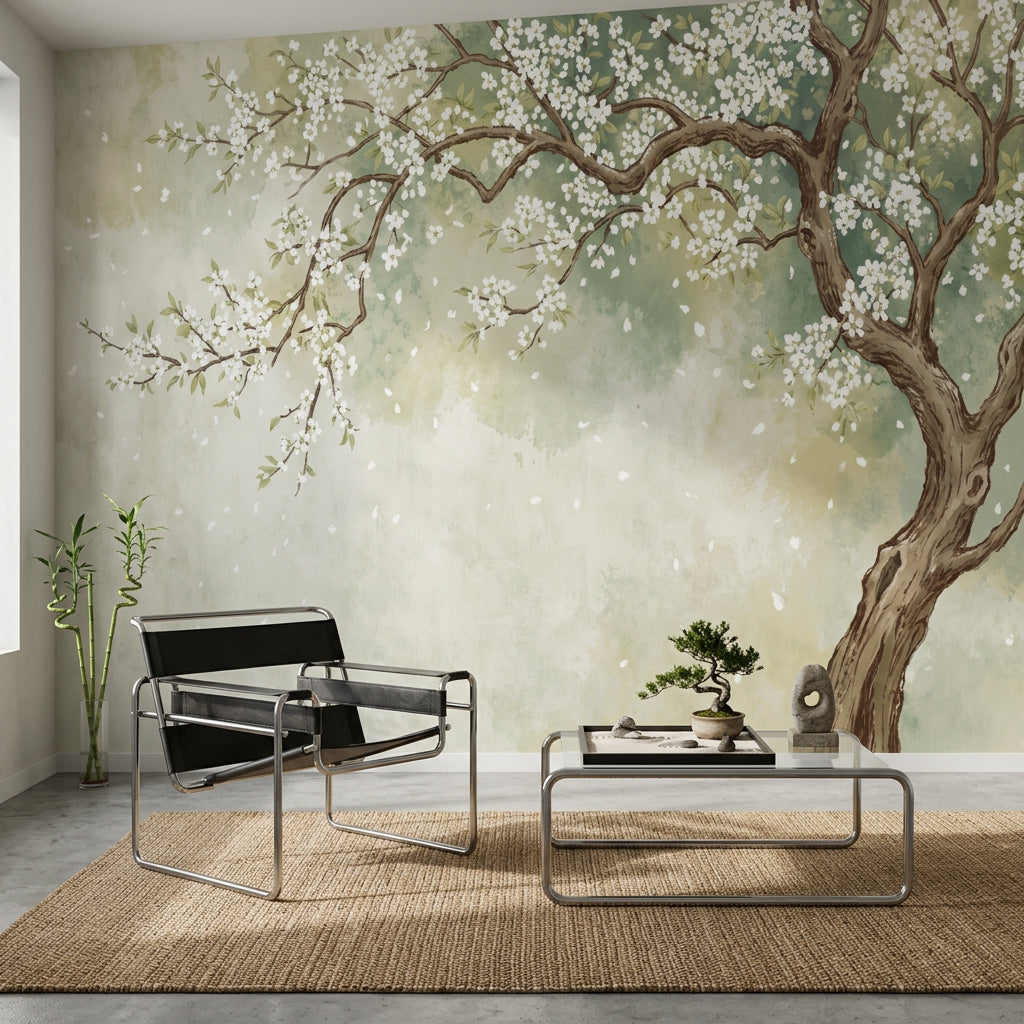 Watercolor Wallpaper Blossom Tree Removable Falling Petals Wall Decor
