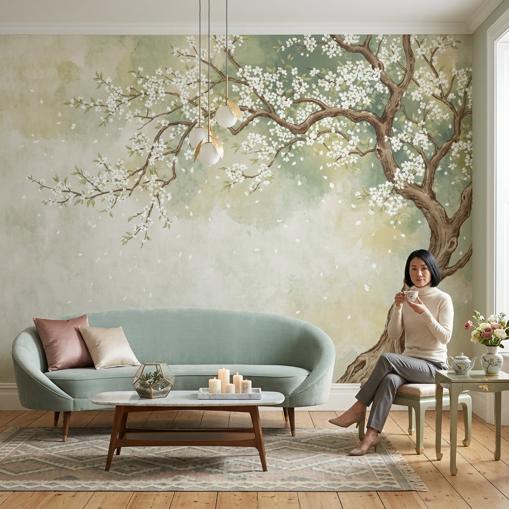 Watercolor Wallpaper Blossom Tree Removable Falling Petals Wall Decor