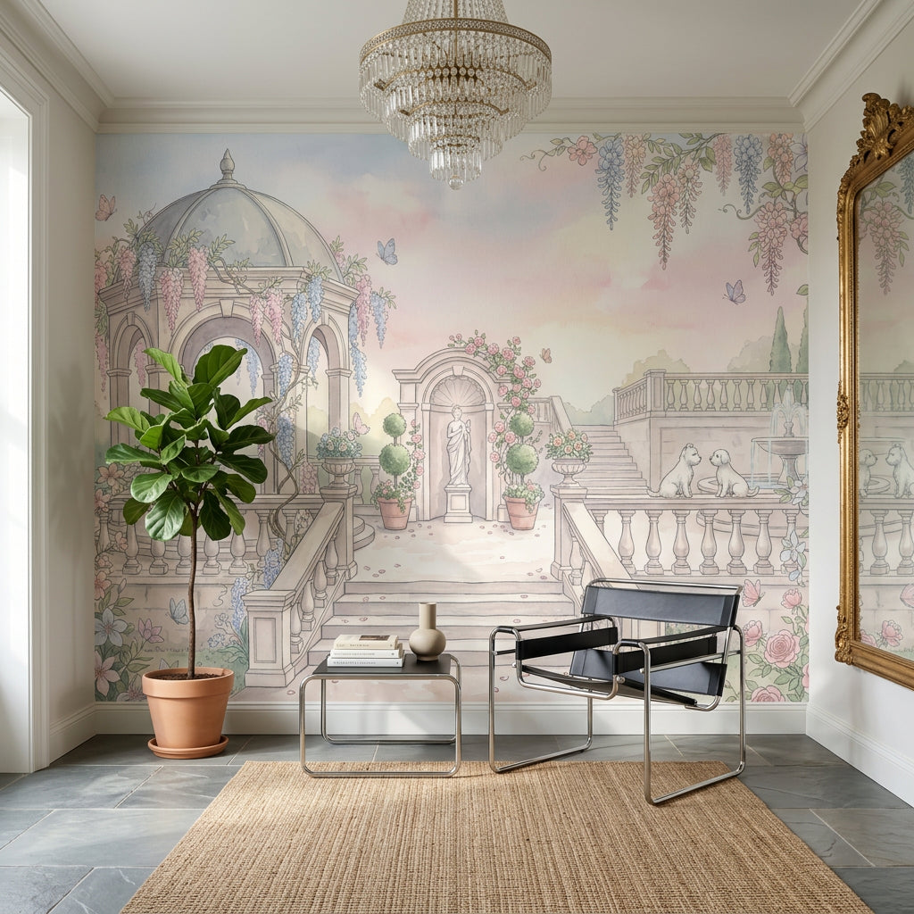 Pastel Garden Wallpaper Classical Terrace Gazebo Pavilion Wall Mural