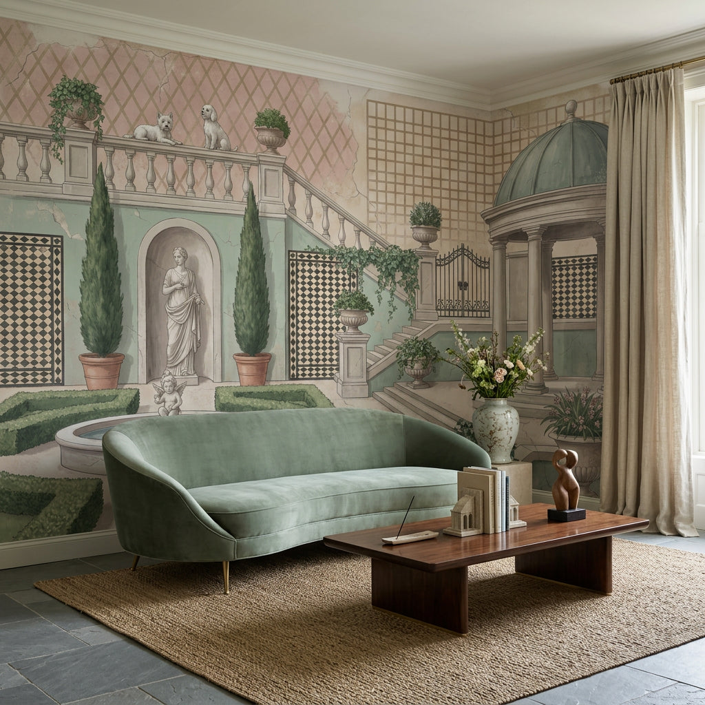 Classical Courtyard Wallpaper Mediterranean Garden Fountain With Cherub Wall Mural