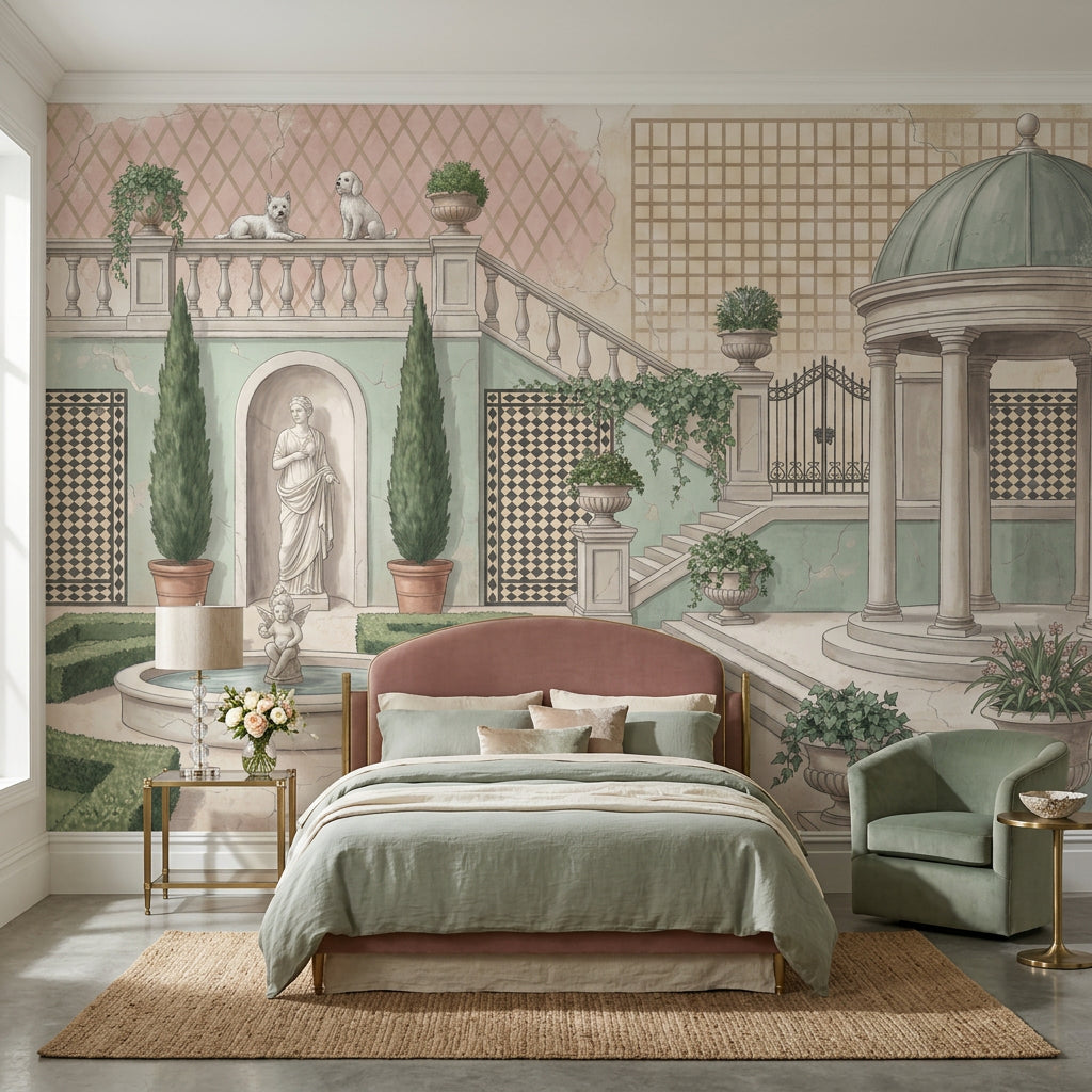 Classical Courtyard Wallpaper Mediterranean Garden Fountain With Cherub Wall Mural