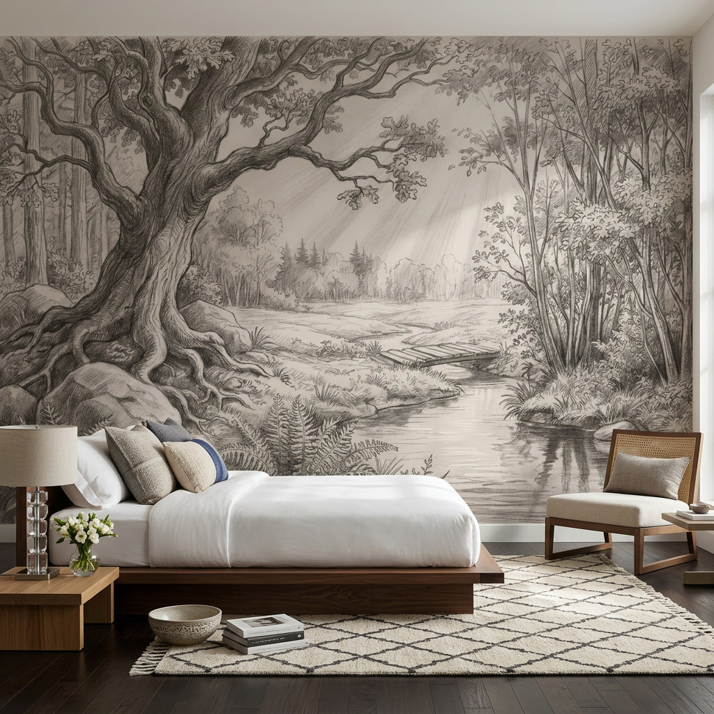 Woodland Landscape Wallpaper Pencil Sketch Stream Wall Mural