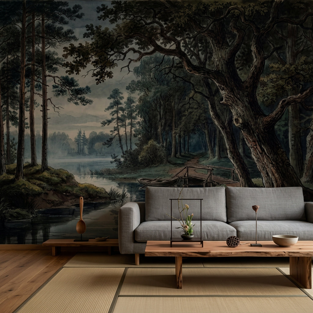 Dark Forest Wallpaper Woodland Landscape Misty Lake Removable Wall Decor