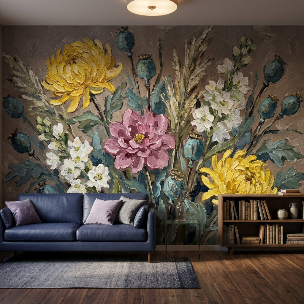 Yellow Chrysanthemums Wallpaper Mauve Dahlia Botanical Garden Removable Wall Decor