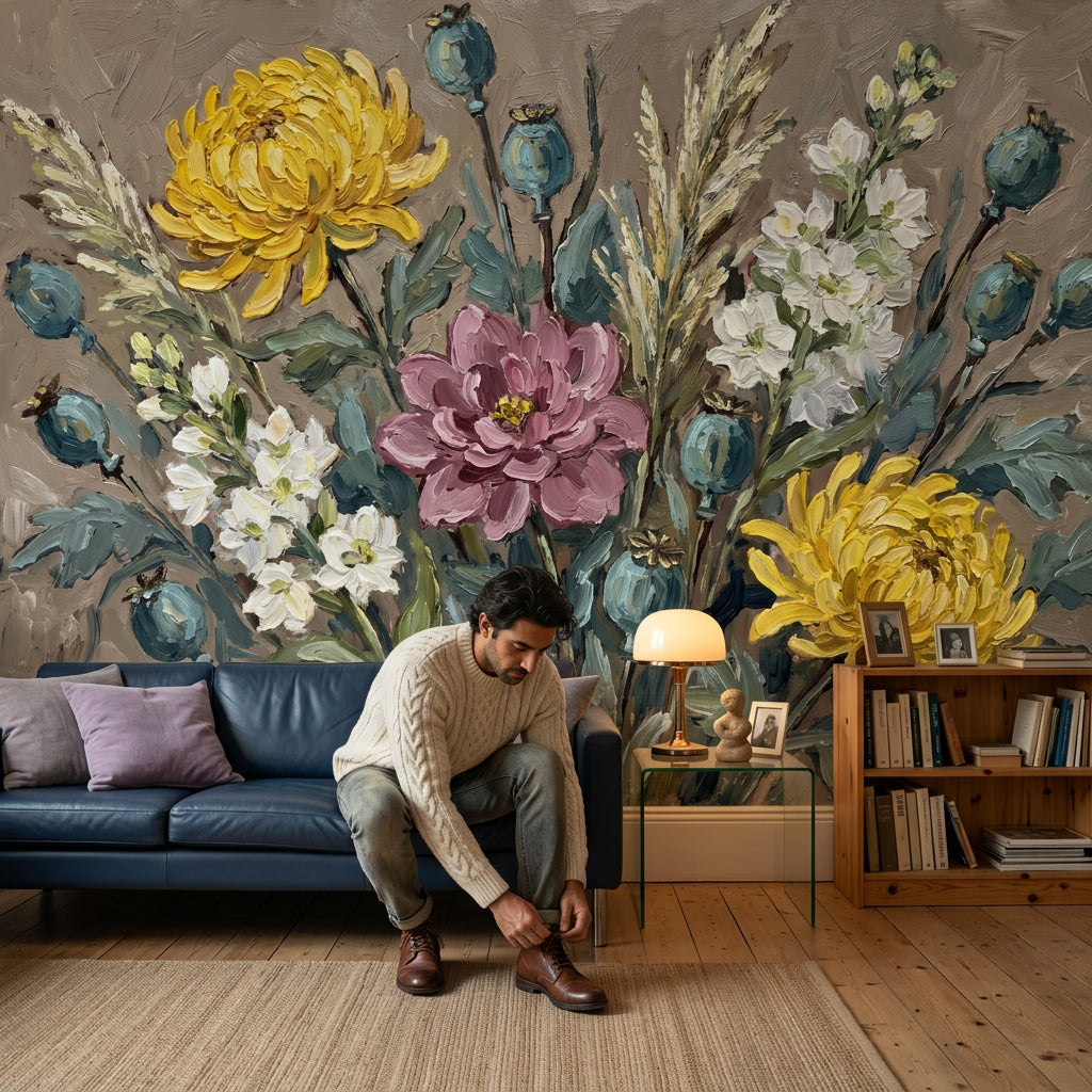 Yellow Chrysanthemums Wallpaper Mauve Dahlia Botanical Garden Removable Wall Decor