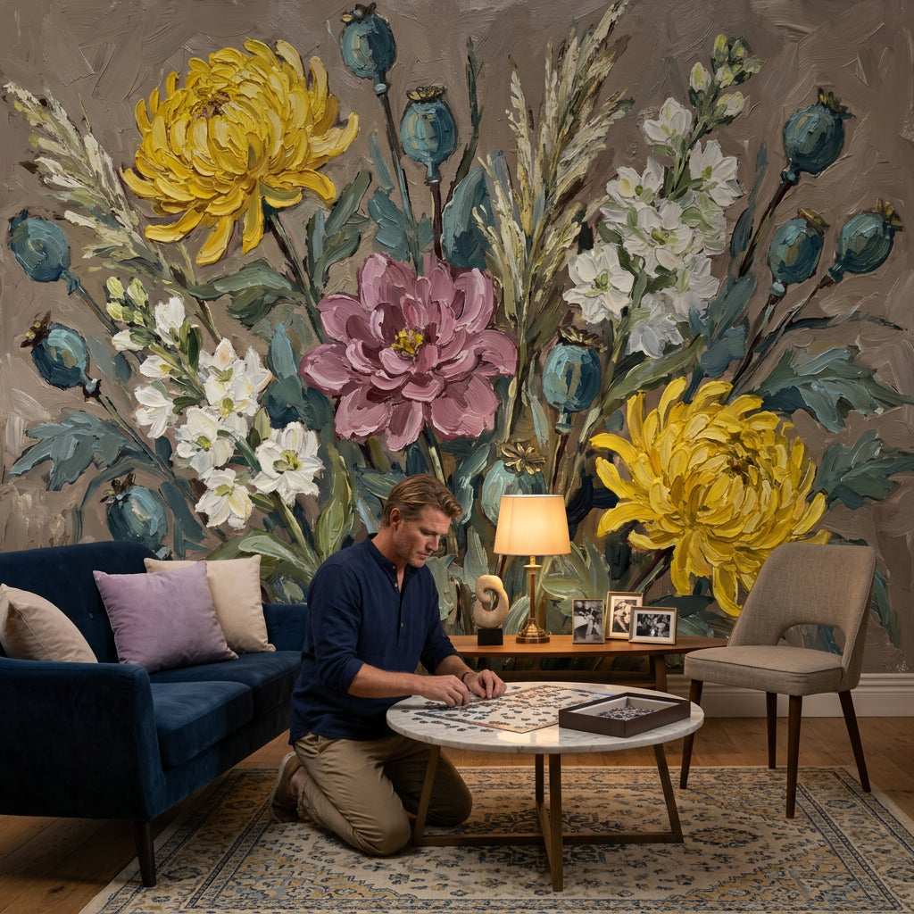 Yellow Chrysanthemums Wallpaper Mauve Dahlia Botanical Garden Removable Wall Decor