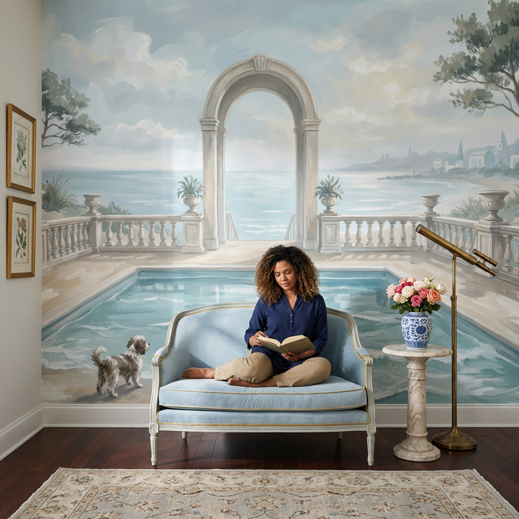 Coastal Landscape Wallpaper Mediterranean Terrace Removable Classical Arch Wall Decor