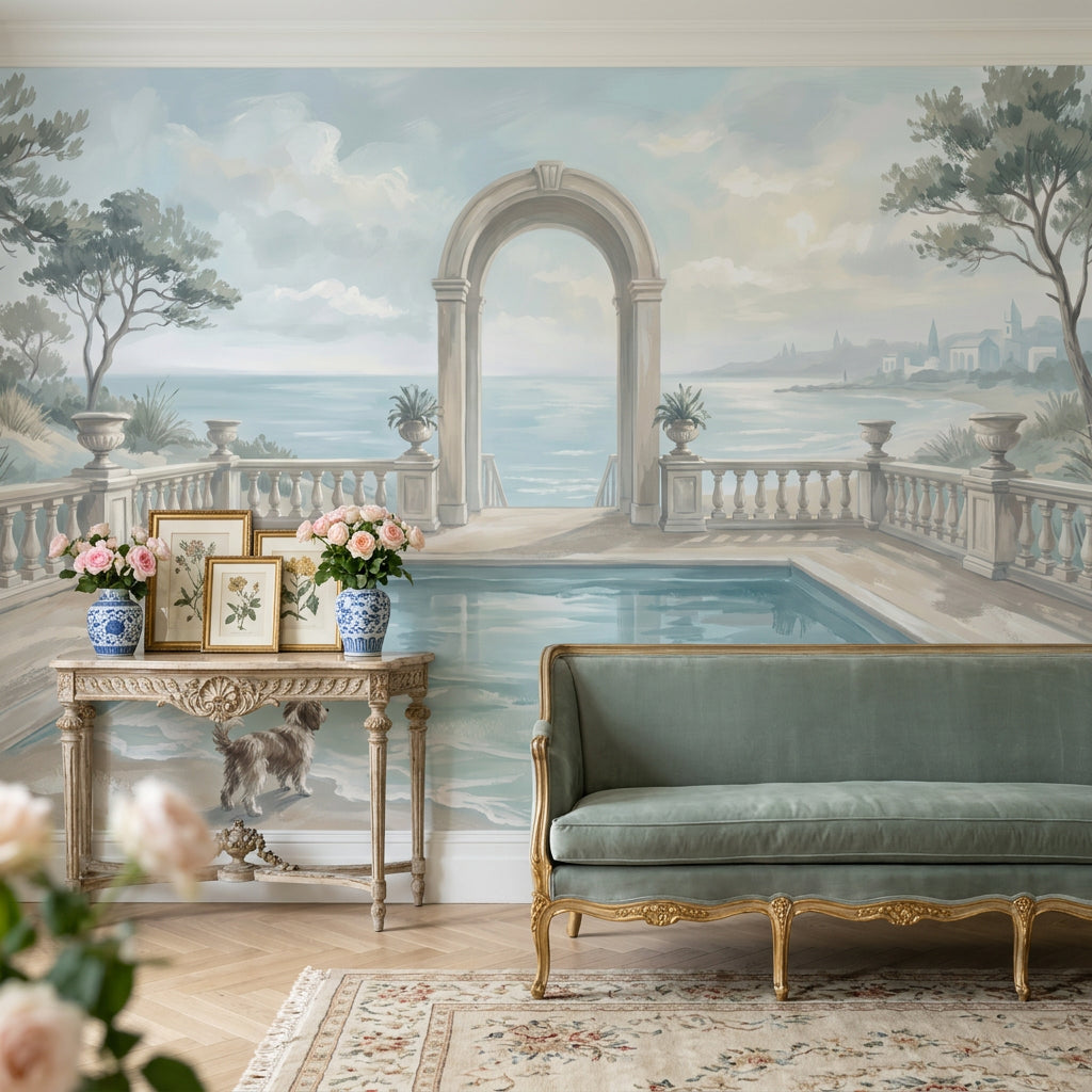 Coastal Landscape Wallpaper Mediterranean Terrace Removable Classical Arch Wall Decor