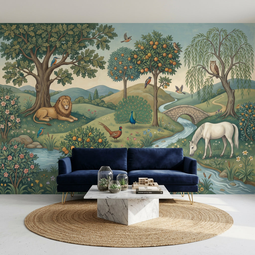 Pastoral Landscape Wallpaper Storybook Illustration Green Countryside Wall Mural