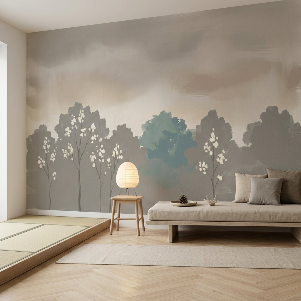 Misty Landscape Wallpaper Minimal Trees Removable White Blossoms Wall Decor