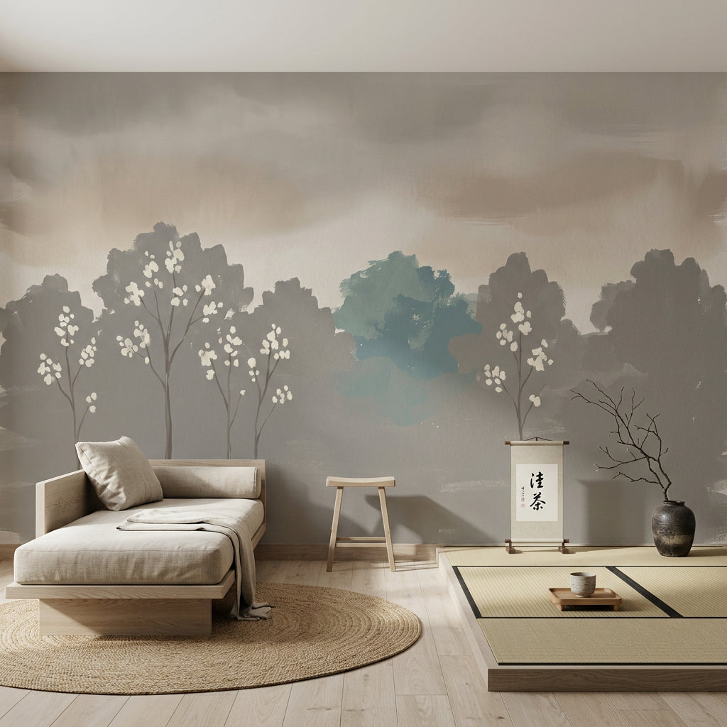Misty Landscape Wallpaper Minimal Trees Removable White Blossoms Wall Decor