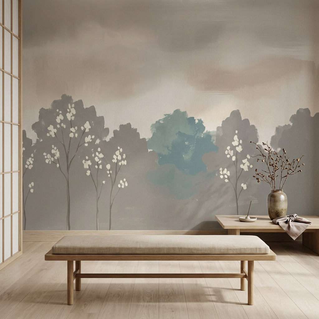 Misty Landscape Wallpaper Minimal Trees Removable White Blossoms Wall Decor