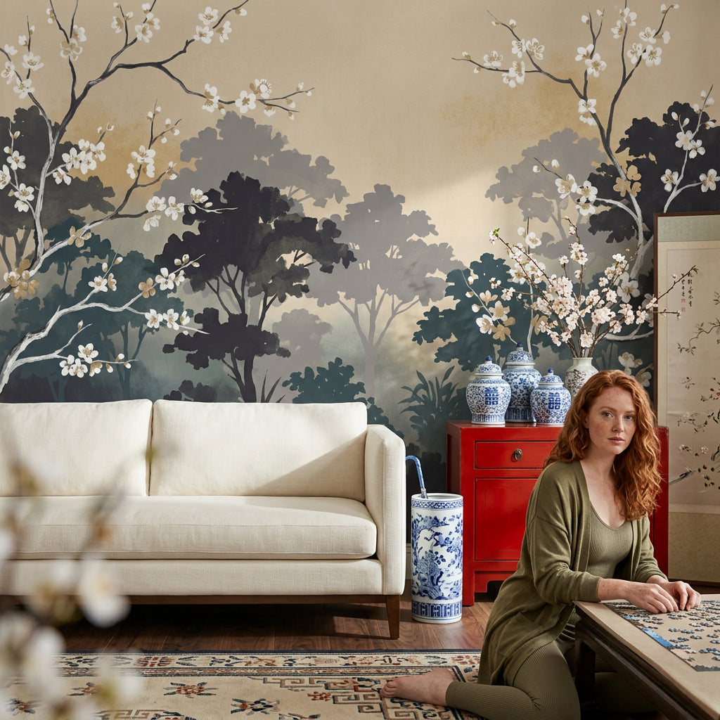 Misty Forest Wallpaper Watercolor Cherry Blossom Wall Mural