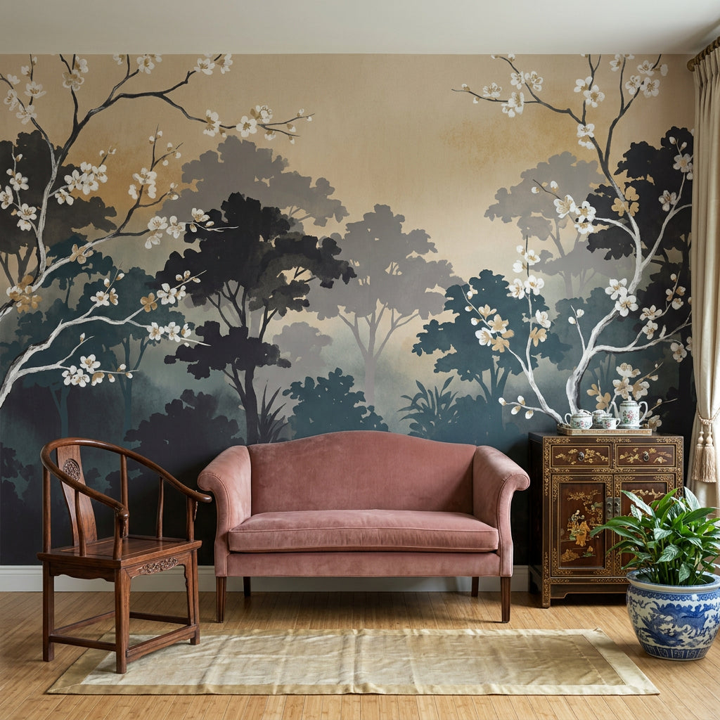 Misty Forest Wallpaper Watercolor Cherry Blossom Wall Mural