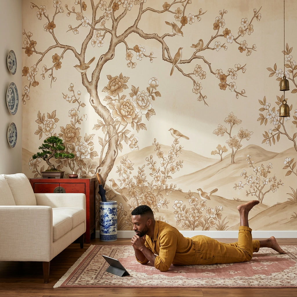 Vintage Chinoiserie Wallpaper Floral Landscape Blossoming Branches Wall Mural