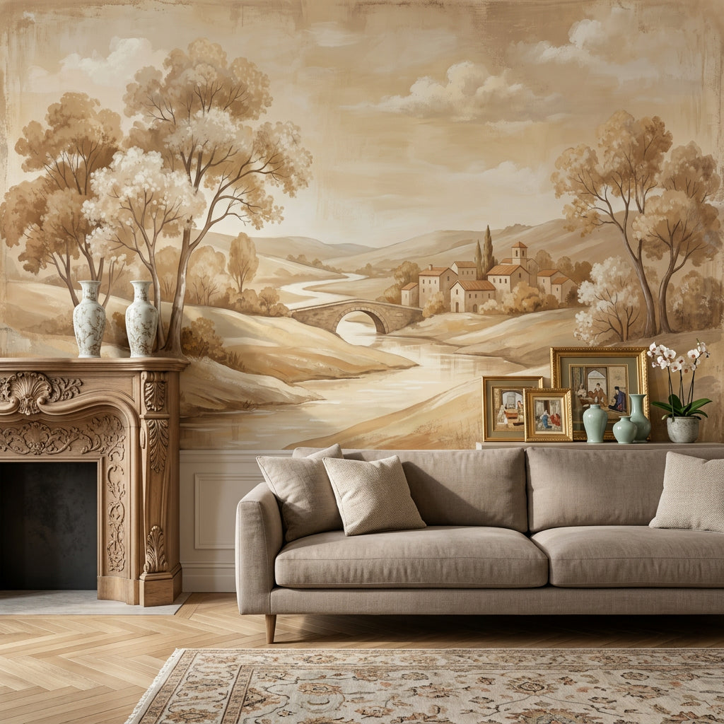 Pastoral Landscape Wallpaper Sepia Countryside Winding River Wall Mural