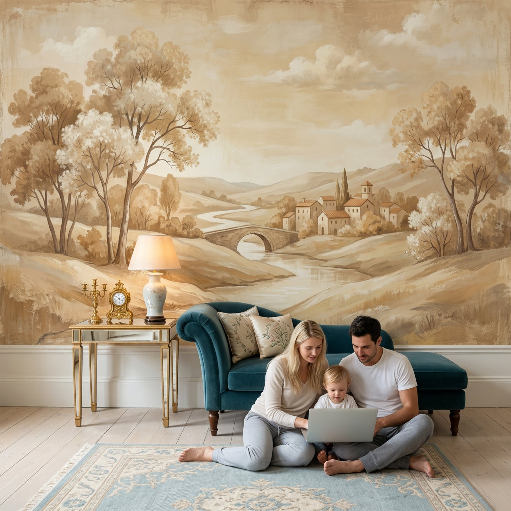 Pastoral Landscape Wallpaper Sepia Countryside Winding River Wall Mural