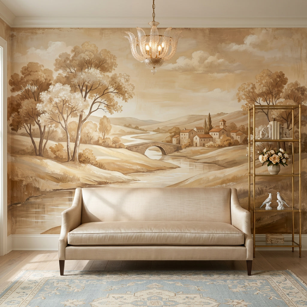 Pastoral Landscape Wallpaper Sepia Countryside Winding River Wall Mural