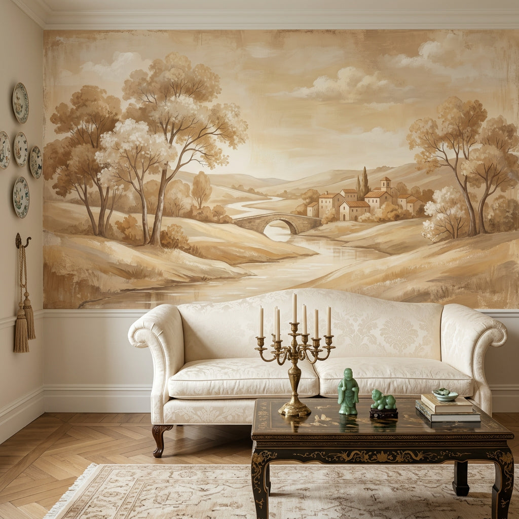Pastoral Landscape Wallpaper Sepia Countryside Winding River Wall Mural